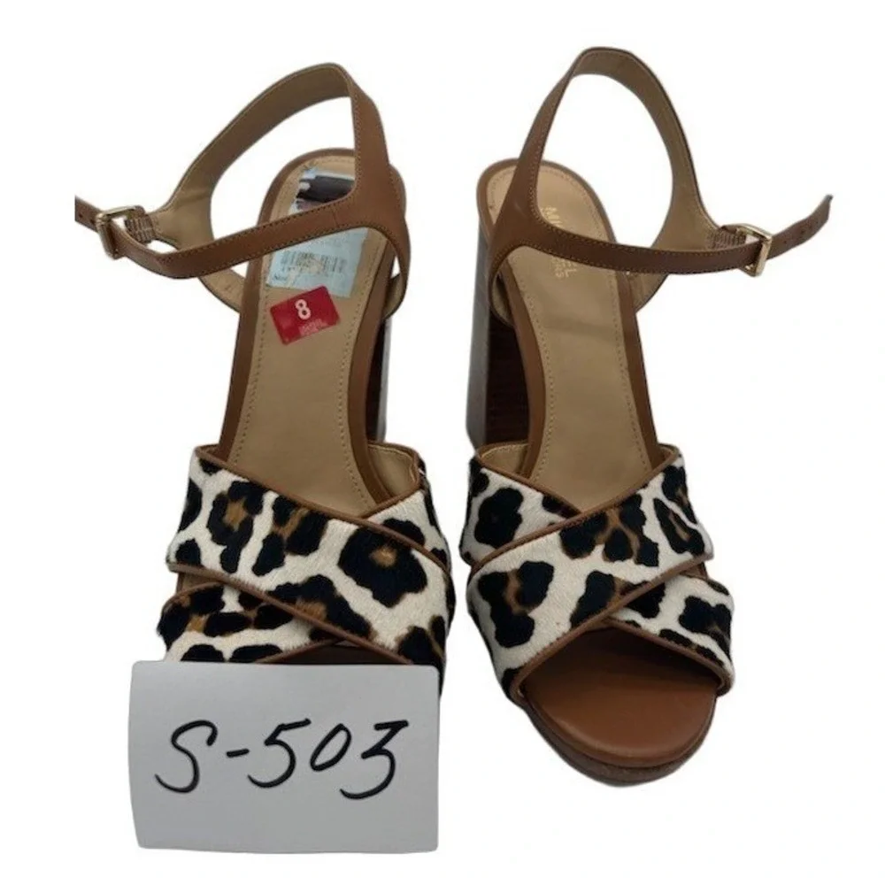Michael Kors Leopard Print Calf Hair Block Heel Sandals Women's Size 8 Tan Brown